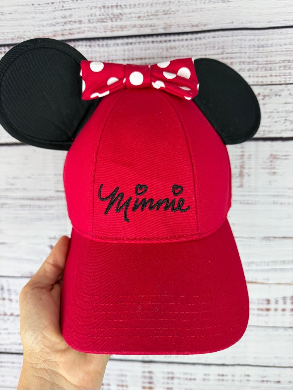 Disney Minnie Mouse Red Baseball Cap Ears Bow Polka Dot Adjustable Hat